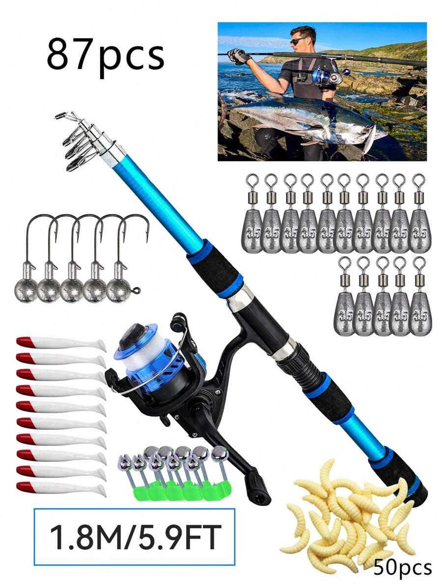 Set de caña de pescar 87 piezas, set telescópico portátil para principiantes que incluye señuelos blandos para pesca de carpa