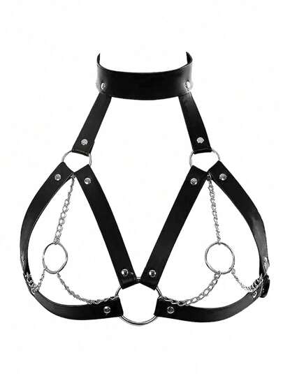 1PC Women Leather Chest Harness Belt With Chain Fashion Body Bondage Adjustable Suspenders Punk Goth Clothing For Underwear Nightclub Accessories