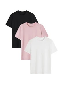 Set Of 3 Women's Short-Sleeved, Crew-Neck T-Shirts In  Solid Colors, Suitable For Everyday Wear. Includes A White T-Shirt, A Black T-Shirt, And A Pink T-Shirt. - 多色 4 - 查看 3