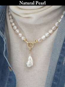 1pc Fashion Asymmetrical Baroque Pearl Necklace, Natural White Baroque Pearl Pendant Necklace, Stylish & Unique For Daily Wear, Holiday Gift