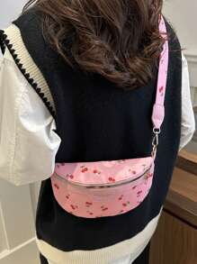 1 Cherry Printed Chest Bag Made Of Polyester Material, With A Korean Style Fashion , Simple And Fashionable. Zipper Closure And Adjustable Shoulder Straps Are Suitable For Girl. It Is The Best Choice For Matching School, Shopping, And Casual Clothing, As Well As The Best Choice For Giving Holiday Gifts To Friends And Family. Randomly Print Positions For Full Printing