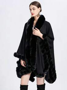 1pc Women Faux Fur Trimmed Windproof Warm Shawl Cloak, Fashion Elegant Plus Size Poncho For Daily, Air-Conditioned, Party And Holiday Wear For Dress