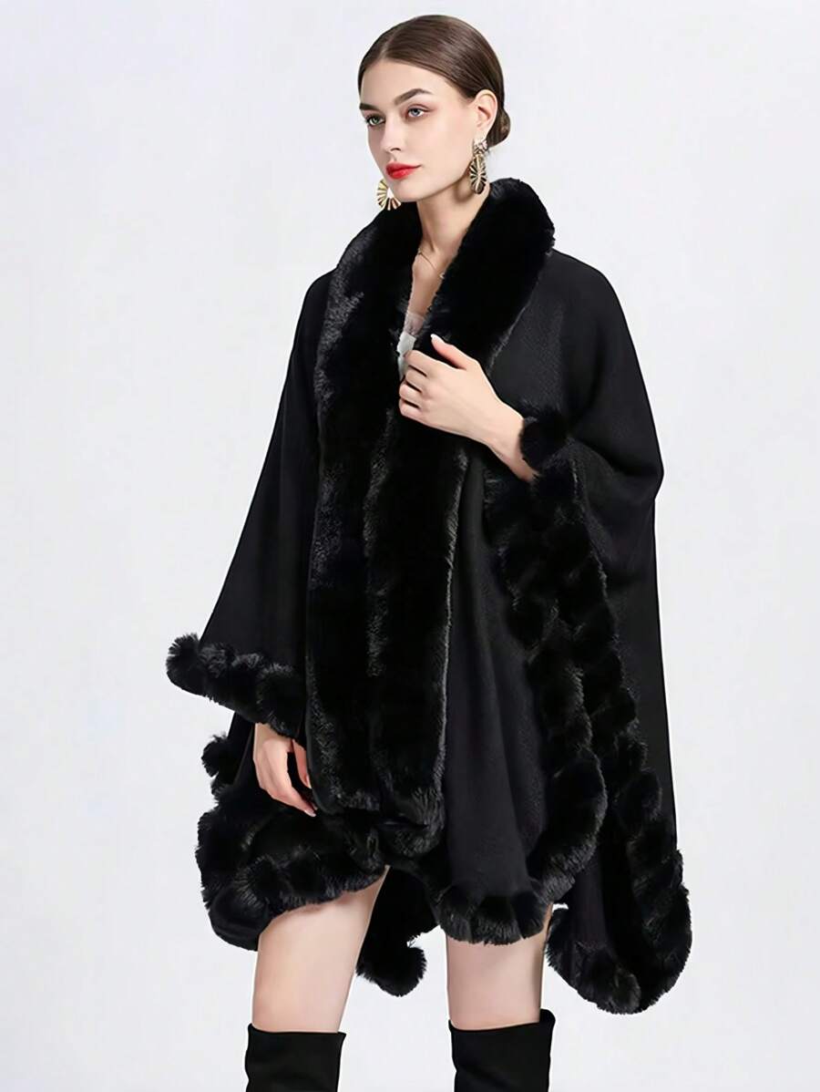 1pc Women Faux Fur Trimmed Windproof Warm Shawl Cloak, Fashion Elegant Plus Size Poncho For Daily, Air-Conditioned, Party And Holiday Wear For Dress