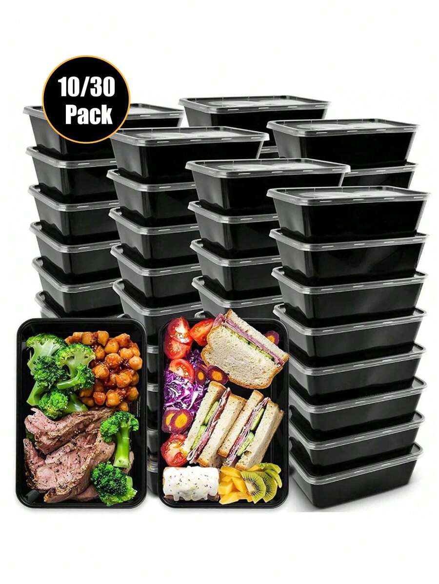10个/30个装餐前食品容器，450毫升/750毫升弧形塑料食品储物盒带盖，一次性餐食准备容器，微波炉/洗碗机/冰箱适用，厨房配件 - 黑色 - 查看 1
