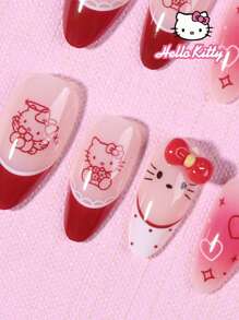 Sanrio Uñas postizas francesas con puntas de almendra de Hello Kitty de Sanrio, 24 piezas, con decoración 3D de Hello Kitty con moño, ajuste perfecto, set de uñas acrílicas falsas, que incluye 1 gel de gelatina y 1 lima de uñas, uñas de Hello Kitty para uso diario y de fiesta para mujeres y niñas