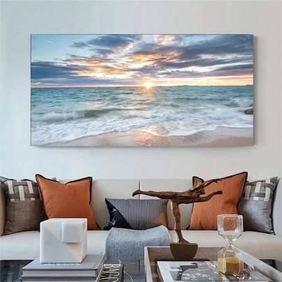 1 pieza Cartel de lienzo grande sin marco - Arte moderno, Arte de pared de playa, Impresión de paisaje marino de puesta de sol, Decoración de pared náutica costera para sala de estar, dormitorio, oficina en el hogar, baño - Obra de arte contemporánea para uso interior