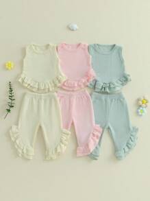 Toddler Girl Summer Outfits Solid Waffle Round Neck Ruffled Tank Tops With Long Pants 2 Pcs Set - Apricot - View 4