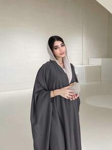 Women's Plain Color Middle Eastern Dignified Jacket, Fashionable Lightweight Batwing Sleeve Cardigan Robe With Belt - No Headscarf, Autumn/Winter - Dark Grey - View 2