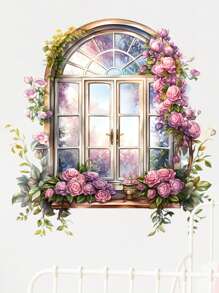 1 Set Home Decorations Contemporary Style 3D Window View Wall Stickers - Faux Window Frame With Floral Design, Self-Adhesive PVC Decals For Living Room And TV Background Decor, Detachable Single-Use Wall Art Spring Decoration Items Refresh Your Home - Multicolor - View 4