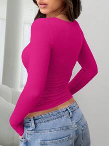 Elegant & Versatile Women Plain Crew Neck Long Sleeve Ruched Fitted Slim Fit T-Shirt,Suitable For Summer And Autumn/Winter Seasons