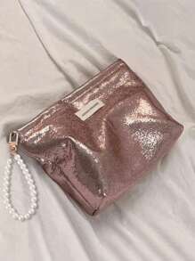 Portable, Fashionable, Shiny Large Capacity Makeup Bag With Pearl Pendant, Travel Cosmetic Organizer Pouch, Toiletry Bag, Suitable For Storing Toiletries, Cosmetics, Makeup Brushes, Accessories, Travel, Home Organization, Travel Essential, Dorm Supplies, Bridal Gift, Mother's Day Gift, Best Friend Gift, Birthday Gift, Souvenir, Home Storage Essential, Can Be Used In Bathroom, Living Room Or Bedroom - Multicolor - View 2