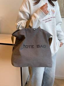 超大容量字母图案帆布托特包，时尚女士手提包，休闲通勤单肩包，大容量复古托特包，简约优雅女士托特包，适合工作、学校和日常使用 - 灰色 - 查看 5