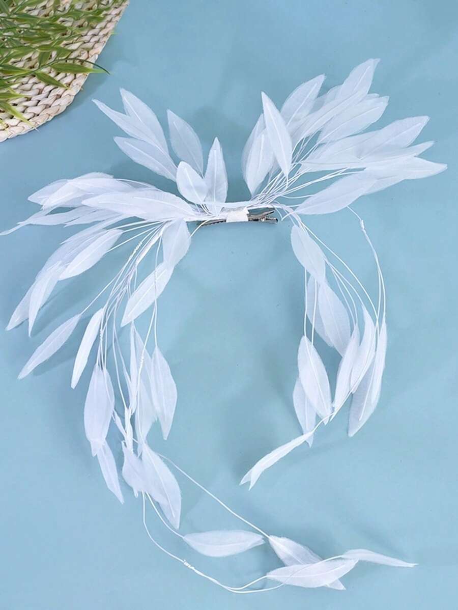 1 件装儿童羽毛发夹流苏汉服伴娘配饰新娘头饰 - 白色 - 查看 1