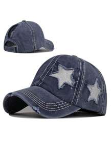 1pc Women Embroidered Five-Pointed Star Washed Ponytail Ripped Baseball Cap, Adjustable Outdoor Sun Hat Suitable For Spring, Autumn, Travel, Beach, Vacation, Also Fits Men, Y2K Style