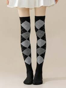 1 Pair Spring Autumn Winter Jk Dance Geometric Patterns Argyle Plaid Knee High Socks Thigh Over The Knee Socks, Y2k, Cozy - Multicolor - View 9