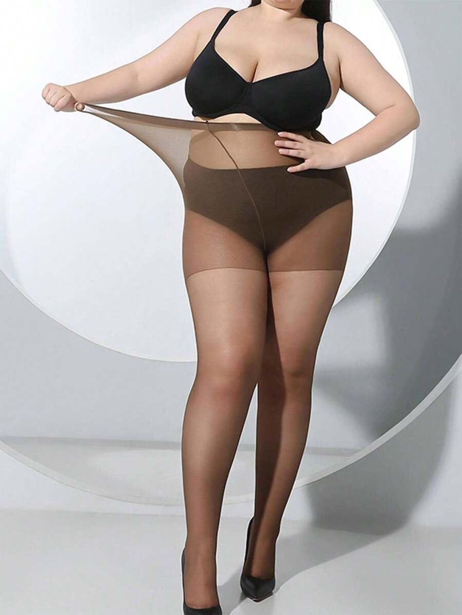 1 件 20D 加大码女式超厚咖啡色紧身裤，强化透明连裤袜