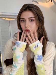 1pc Floral Print Arm Sleeve Covers, Women Sun Protection Arm Sleeves, Ice Silk Gloves For Driving, Sunshade - Multicolor - View 4