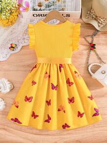 Young Girl Butterfly Print Cap Sleeve Ribbed Flared Hem Cute Dress, Spring/Summer - Yellow - View 2