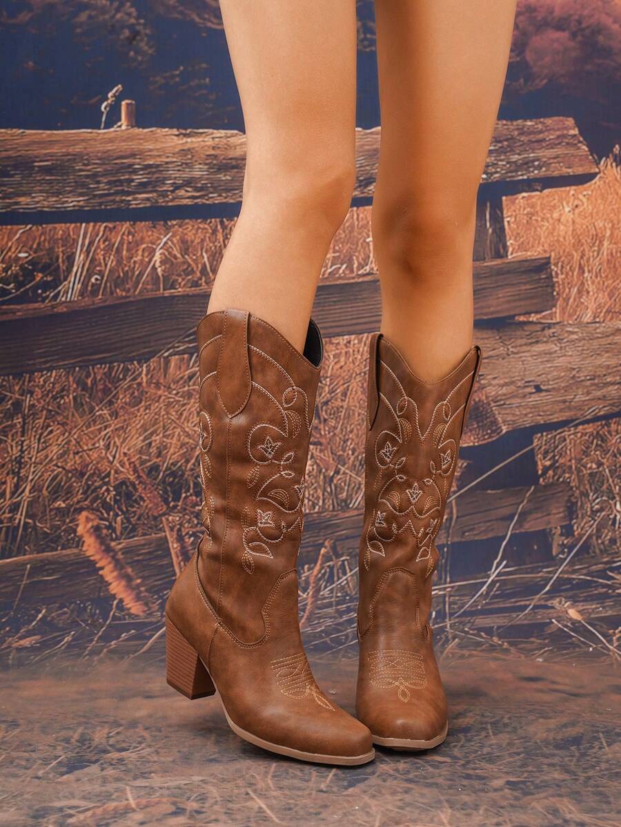 Women's Western Cowboy Boots, New Autumn/Winter Style, Pointed Toe, Embroidered, Chunky Heel, Mid-Calf, Fashion Western Boots