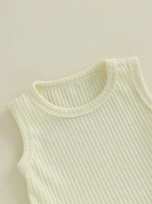 Toddler Girl Summer Outfits Solid Waffle Round Neck Ruffled Tank Tops With Long Pants 2 Pcs Set - Apricot - View 8