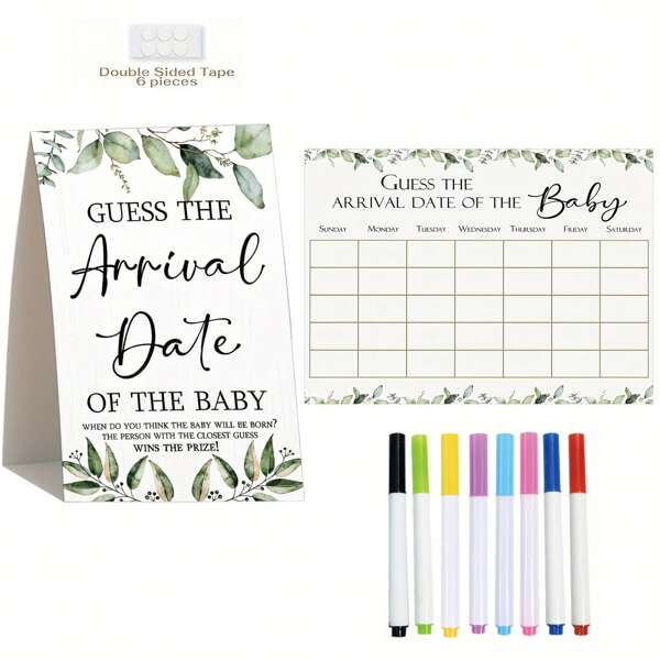 Baby Arrival Due Date Calendar Set Including 1 Piece With Baby Arrival Prediction Symbols, 1 Piece Baby Arrival Calendar, 8 Colored Pens And 6 Double-Sided Adhesives, Baby Shower Guessing Game For Predicting Due Date