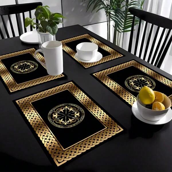 1/4/6 Stücke Set Luxuriöse schwarz-goldene kariierte Platzsets, gewebte Polyester rechteckige Tischsets, maschinenwaschbar, geeignet für Esszimmer, Heimdekoration, Geschenke, Partydekorationen