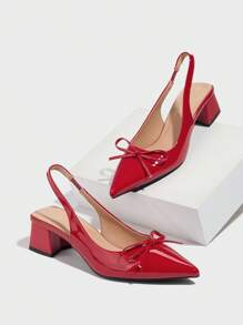 Women's Solid Color Pointed Toe Closed Toe Bow Decor High Heel Shoes, Comfortable Slingback Thick Heel Fashion Pumps, Suitable For Elegant Daily, Commute, Party, Formal Events In Autumn/Winter, Red,Elegant - Red - View 6