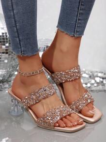 女士高跟凉鞋，法式方头香槟色亮片透明带心形水晶高跟鞋，适合礼服、正式活动、性感派对、生日、情人节礼物