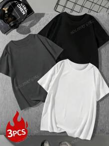 Set de 3 piezas, camiseta de mujer de verano de cuello redondo y manga corta, versátil y de unicolor, apropiada para uso diario. Blanco, negro y rosa