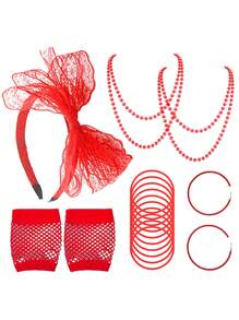 D EXCEED 6 PCS 1920s Costume Accessories For Women Neon Lace Bow Hairband Circle Earrings Artificial Bead Necklace Bracelet Fishnet Gloves Bride Weddings Masquerade Decorations Gifts Prom - Multicolor - View 5