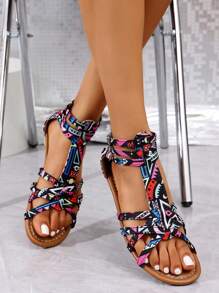 Girl's Student Back Zipper Flat Sandals, New Summer Korean Fairy Style Versatile Soft Bottom Roman Sandals