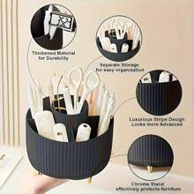 360° Rotating Makeup Organizer - Plastic Cosmetic Storage Box With 5 Compartments - Multifunctional Stand For Brushes, Lipsticks, Skincare And Stationery - Odorless Desk Storage Box, Luxury Striped Design (Makeup Tools Not Included)Summer Travel,Vacation
