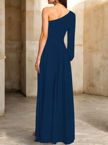 Casual Off Shoulder Leg Slit Dress - Azul Petroleo - View 3