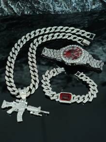 طقم مجوهرات شخصي للرجال من سبائك المعادن مرصع بالراين ستون 3D على شكل بندقية، قلادة، سوار، ساعة هدية، ملحقات أنيقة على الطراز الأوروبي والأمريكي لموسيقى الهيب هوب، علبة هدايا فاخرة