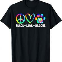 Peace Love Rescue Dog Paws Tie Dye Rainbow Animals T-Shirt - Black - View 1