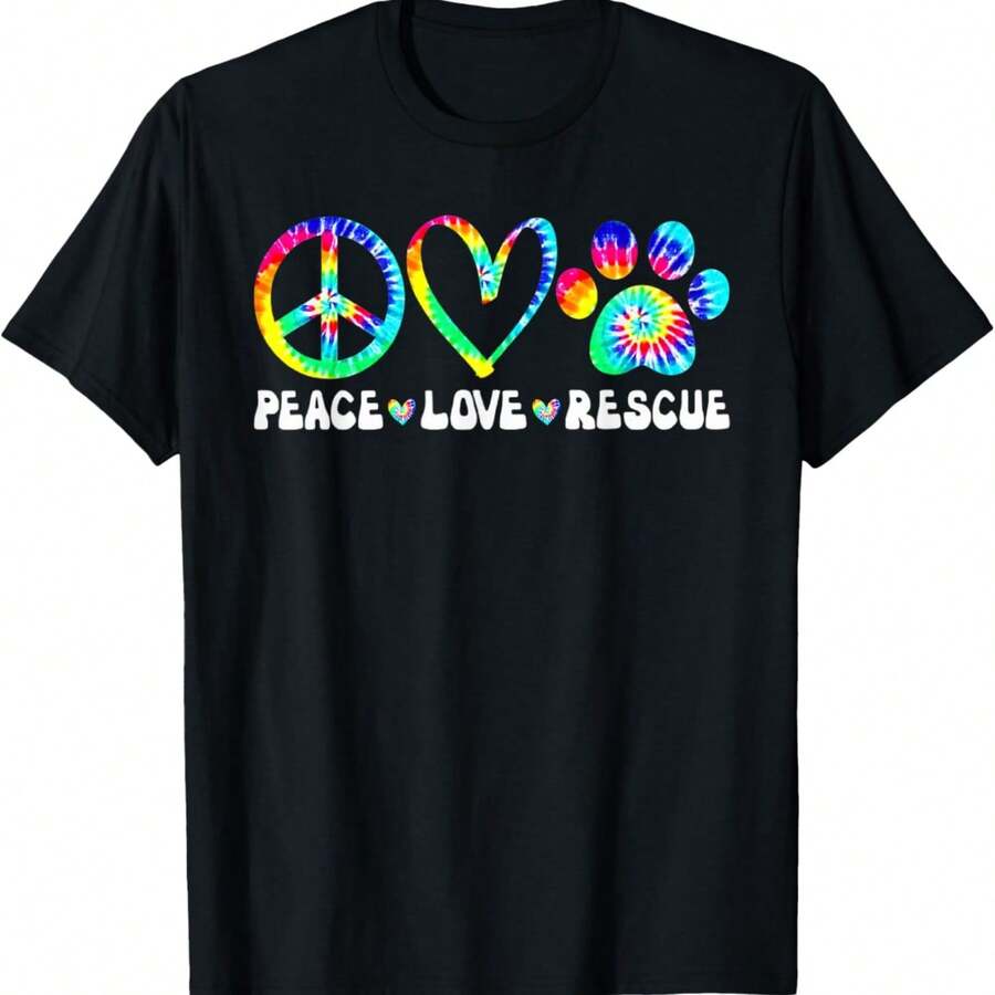 Peace Love Rescue Dog Paws Tie Dye Rainbow Animals T-Shirt - Black - View 1