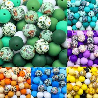 50pcs Multicolor Silicone Bead Set, Floral And Animal Designs With Holiday Elements, Suitable For DIY Jewelry Making, Beads Supply For Necklace, Bracelet, Keychain And Package Decoration
