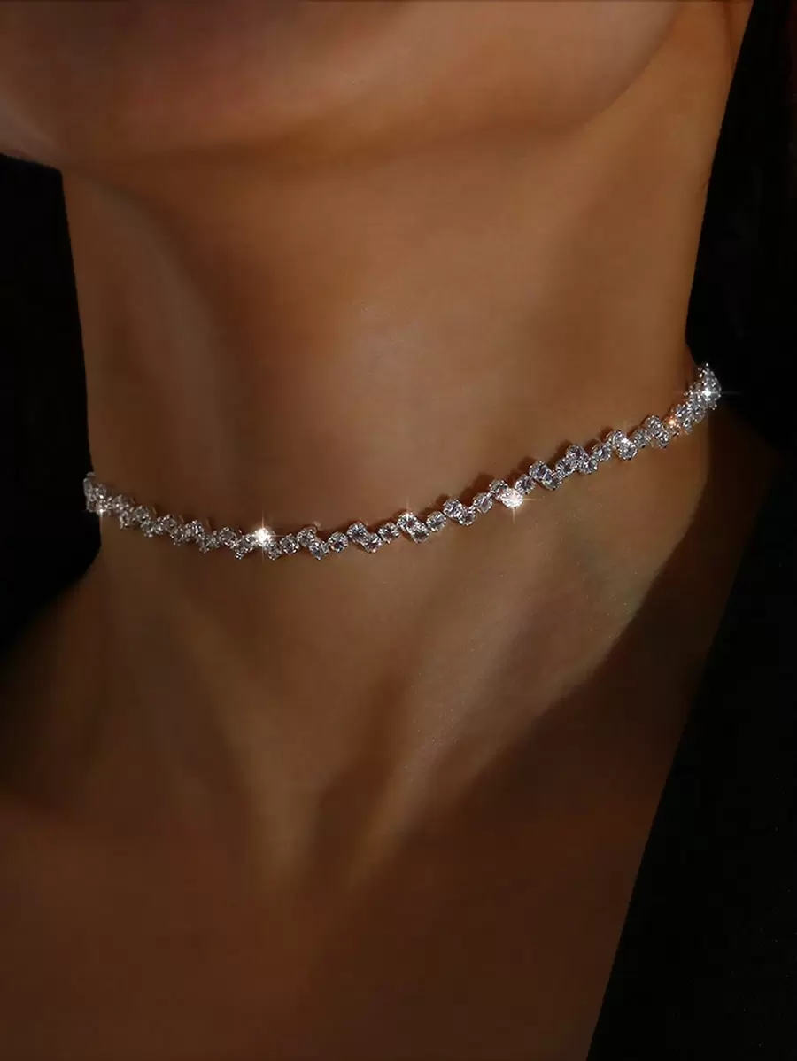 Fashionable Minimalist Sparkly Diamond-Shaped Adjustable Silver-Plated Necklace, Versatile Single Row Rhinestone Choker For Party - Silver - View 1