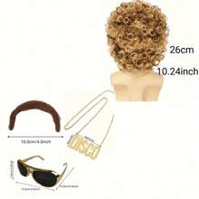Disco Wig 5-Piece Set Of Wig+Glasses+Necklace+Chicken Lips+Wig Cap 70s Clothing Wig African Wig Men's Short Curly Hair Naturally Fluffy Synthetic Wig Disco Party European And American Men's Rock Hair Disco Hippie 80s Punk Big Dollar Necklace Black Curly Hair Wig