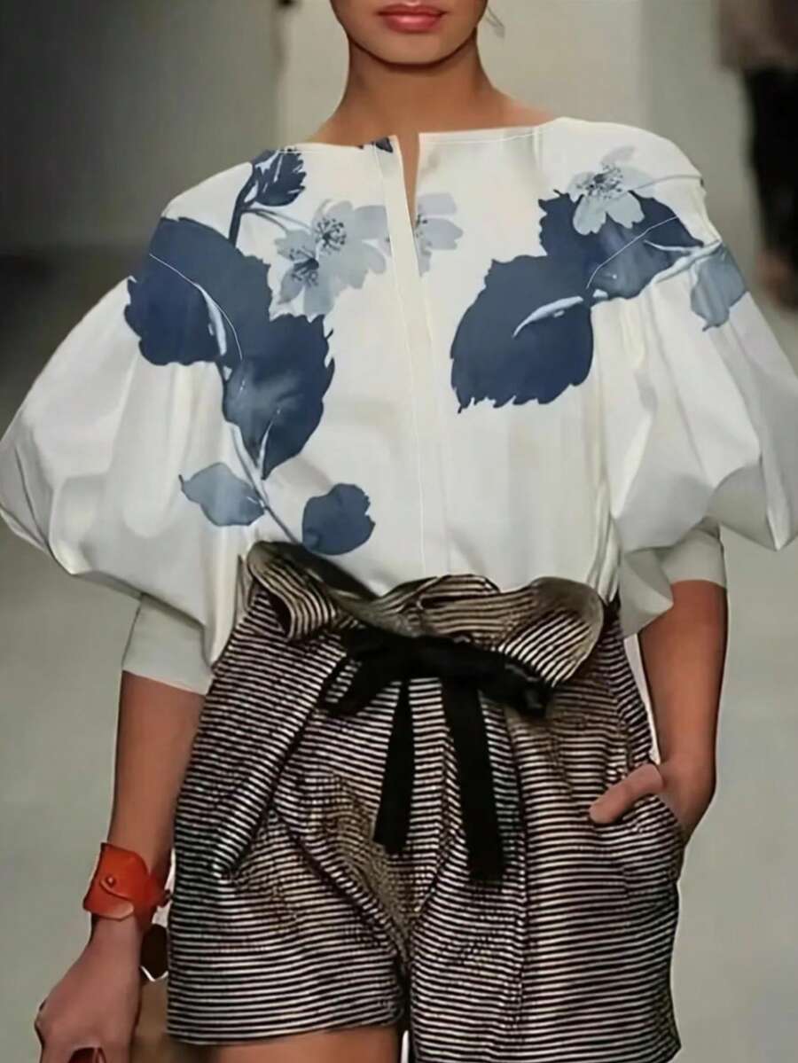 Plus Size Plus Size Elegant Fashion Big Floral Print Lantern Sleeve Shirt - Color - View 1