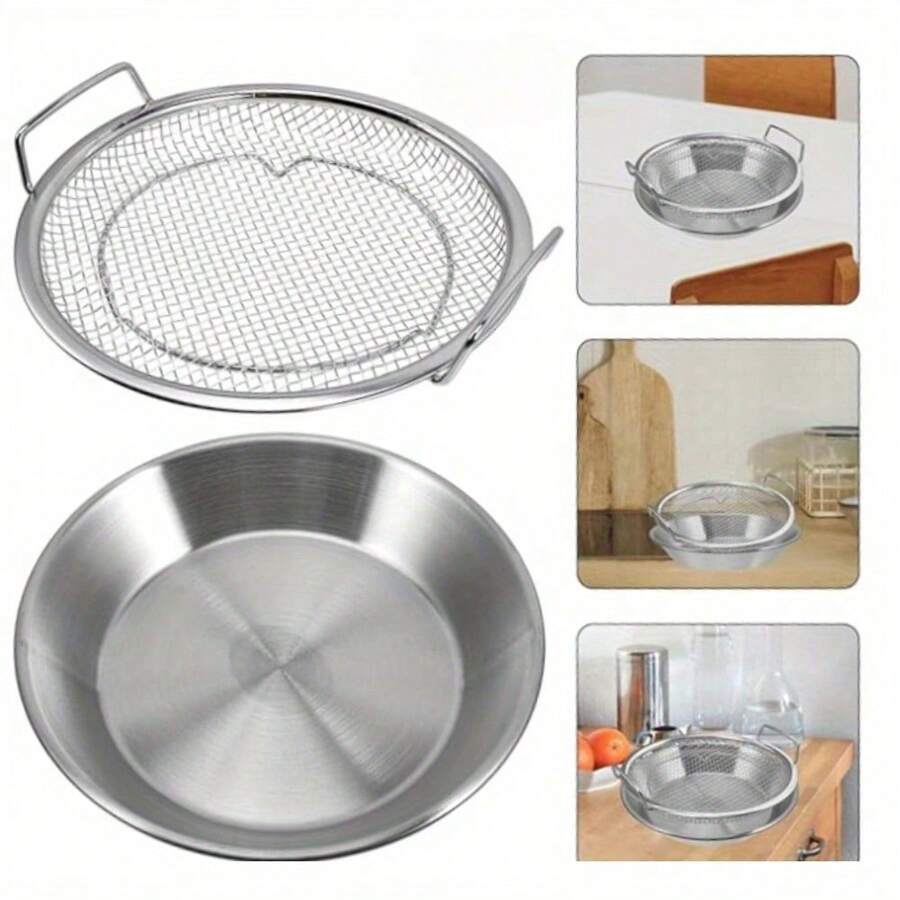 2Pcs/Set Frying Net Sieve Stainless Steel Grease Filter Tray Easy To Clean Non-Stick Fruit And Vegetable Drainer Fried Food Grease Filter With Tray Portable For Home Kitchen Cooking Tools,Kitchen Strainer Set With Fine Mesh, Essential Kitchen Tools & Kitchen Accessories, A Must-Have Kitchen Tools Gift For Home Chefs, Space-Saving Storage For Kitchen Organizers,Christmas Kitchen Gifts Idea
