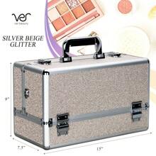 Estuche de maquillaje VER Beauty con bandejas extensibles y compartimentos organizadores (Almacenamiento de belleza) - Beige plateado - Ver 4