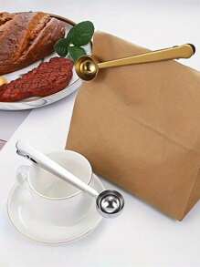 Cuchara medidora de acero inoxidable 2 en 1 con clip para bolsa, herramienta multifuncional para medir y sellar granos de café frescos, clip de sellado; joyas doradas de cocina, decoraciones de café espresso
