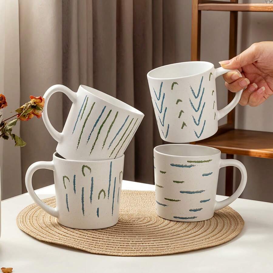 1 件芝麻釉手绘蓝绿陶瓷杯，几何图案牛奶早餐杯，家居伴奏杯 - 默白咖啡杯380ml - 查看 1