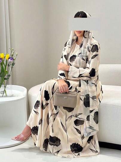 女士长袖树叶印花连帽长袍 Abaya，Modest Kaftan