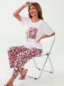 Pimavera y Verano Conjuntos de Descanso para Mujeres Ropa de Dormir para Mujeres, Pijama con estampado de dibujos animados, Incluye una camiseta de manga corta, un pantalón corto - Multicolor - Ver 8