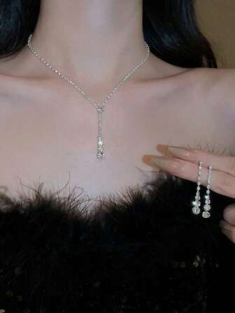 3 件套水晶流苏链耳环和项链首饰套装