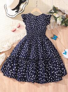 Tween Girl Polka Dot Round Neck Cap Sleeve Casual Dress - Blue - View 2