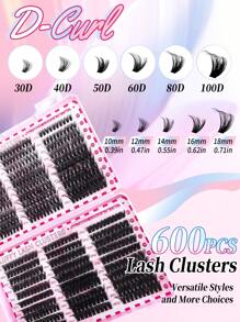600 piezas Extensiones de pestañas individuales con rizado D, 6 estilos de 30D+40D+50D+60D+80D+100D, de 10-18mm, extra gruesas y naturales con volumen dramático, ultra suaves y súper ligeras, reutilizables, kit de extensión de pestañas segmentadas falsas para uso personal en casa para la vida diaria, boda, cita, fiesta, festival de música, viaje y primavera