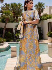 1 套时尚印花仿丝泳衣罩衫和头巾，适合海滩、度假、长袍、头巾、朴素长袍